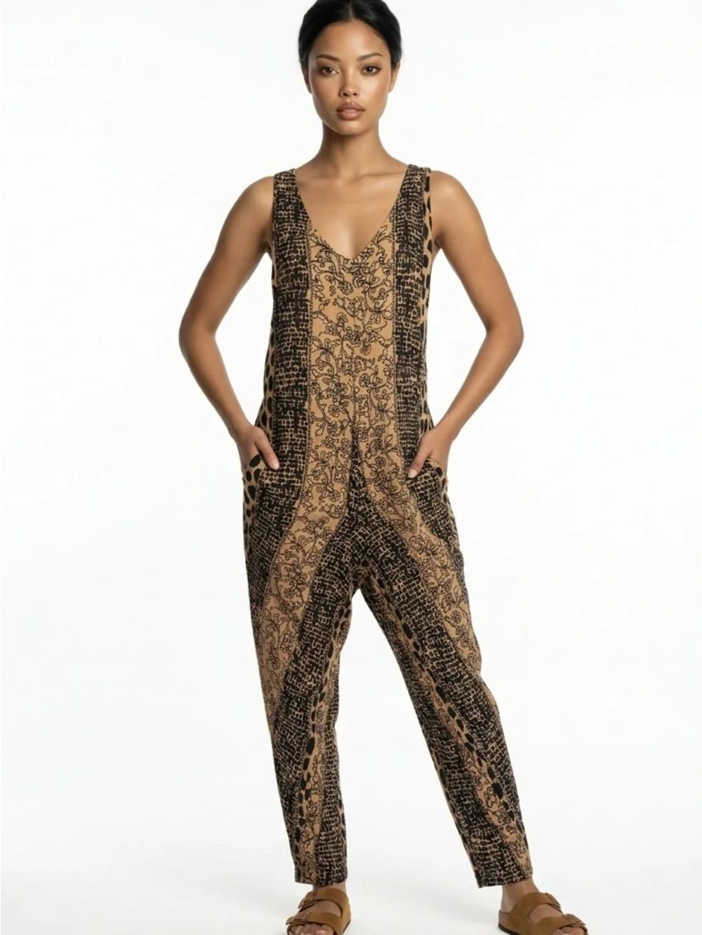 Zury Floral Leopard Print Women's O/S V-Neck Boho Sleeveless Lagenlook Jumpsuit - Picture 1 of 8